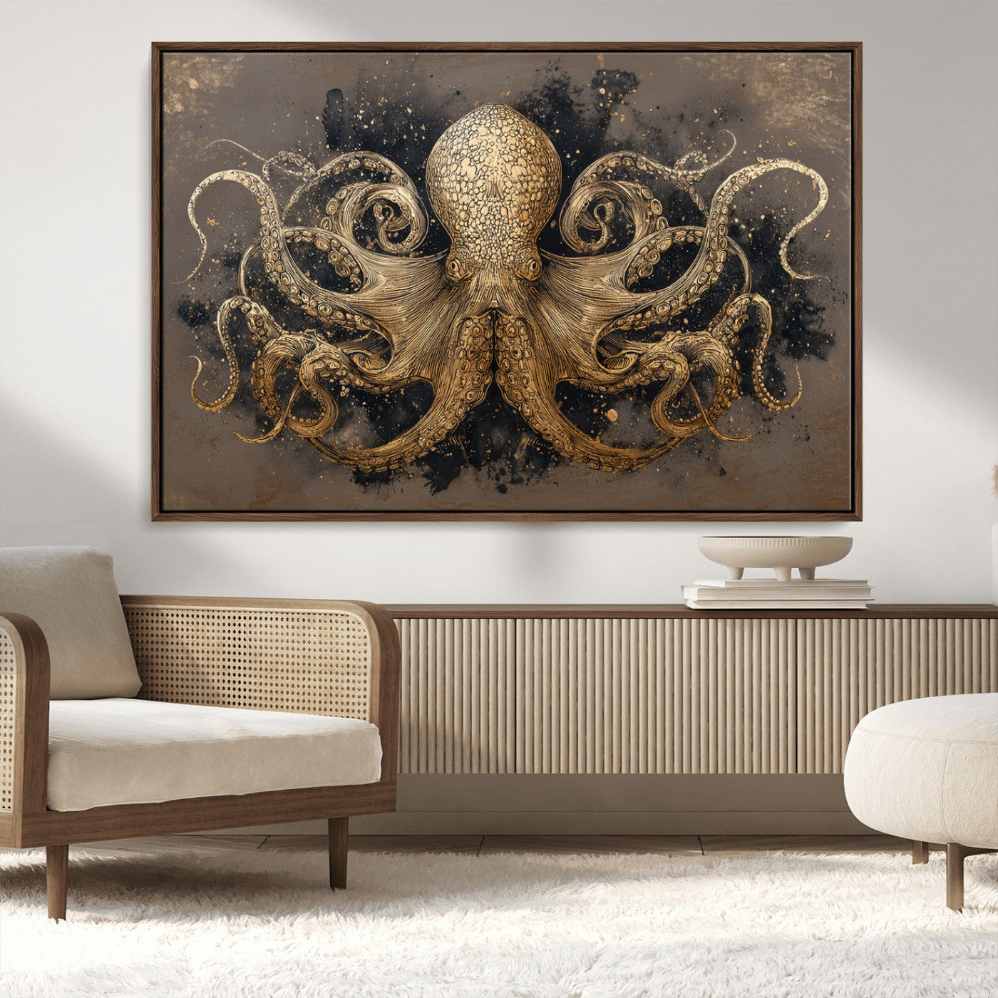 21717515-MGV-CV-36X24-Octopus Wall Art Canvas Print – Black Gold Detailed Tentacles Marine Life Ocean Creature Nautical Artwork for Home Office