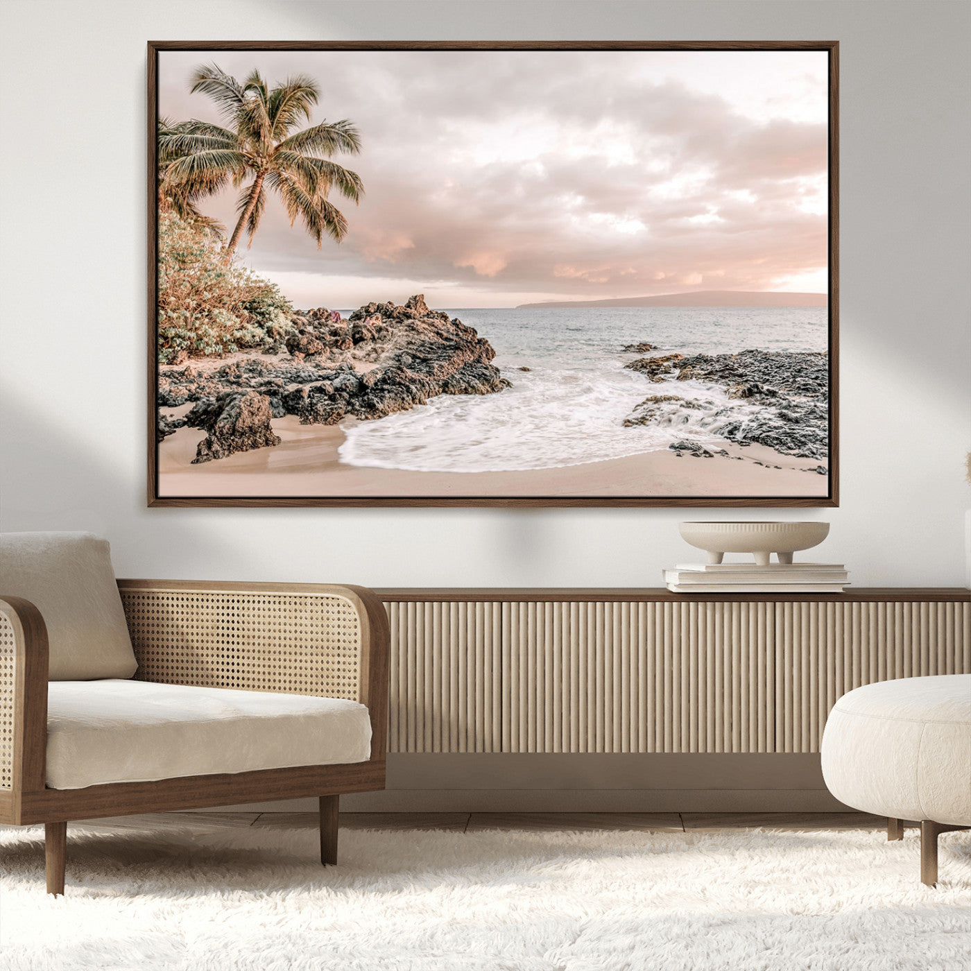 18005328-MGV-CV-36X24-Tropical Beach Wall Art Canvas Print – Palm Trees Rocky Shoreline Ocean Waves Sandy Coast Tranquil Sea Artwork for Home Office