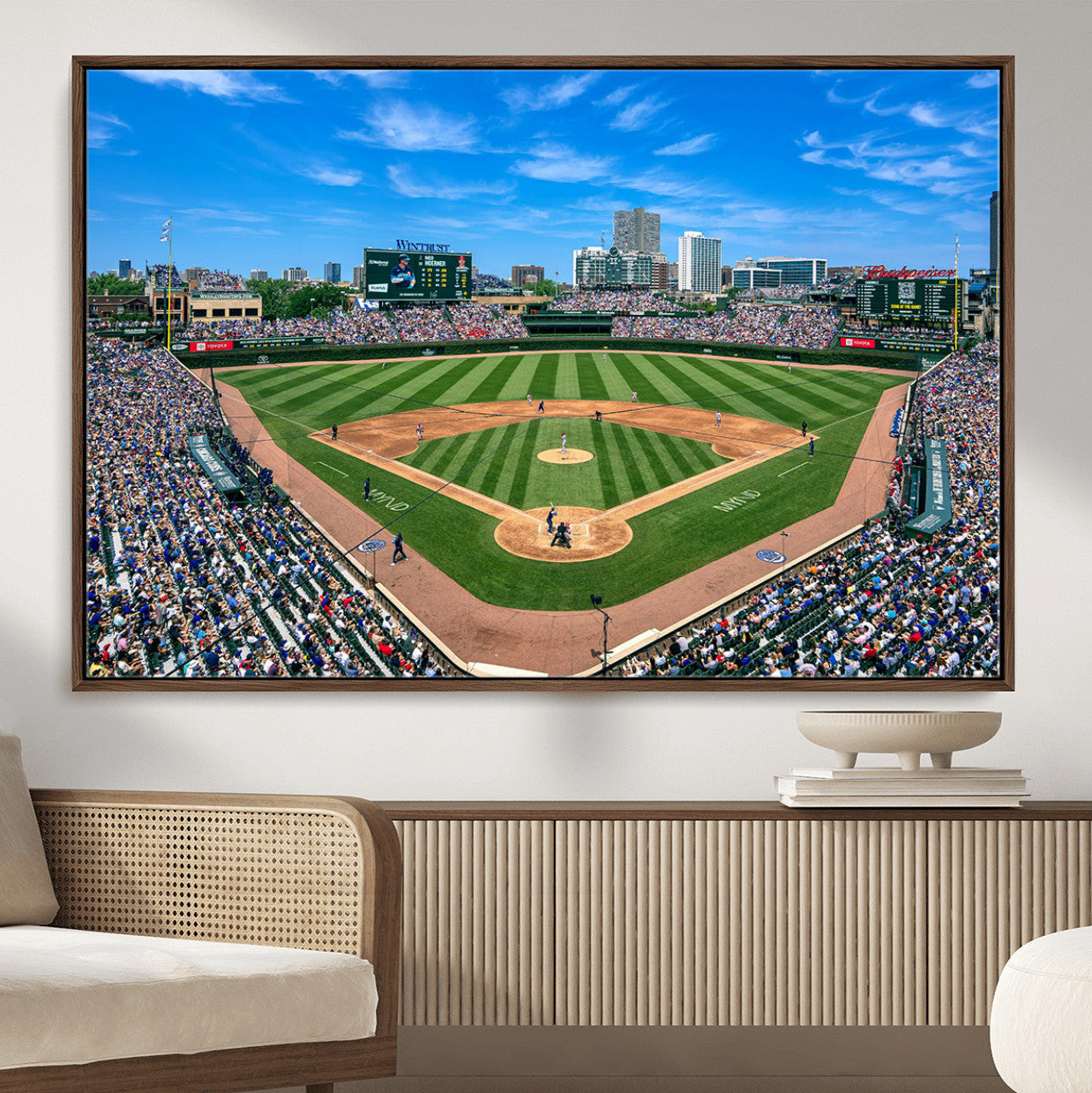 35800083-MGV-FC-36X24 - Wrigley Field Baseball Stadium Canvas Wall Art – Packed Crowd Sports Stadium City Skyline Artwork for Home Office