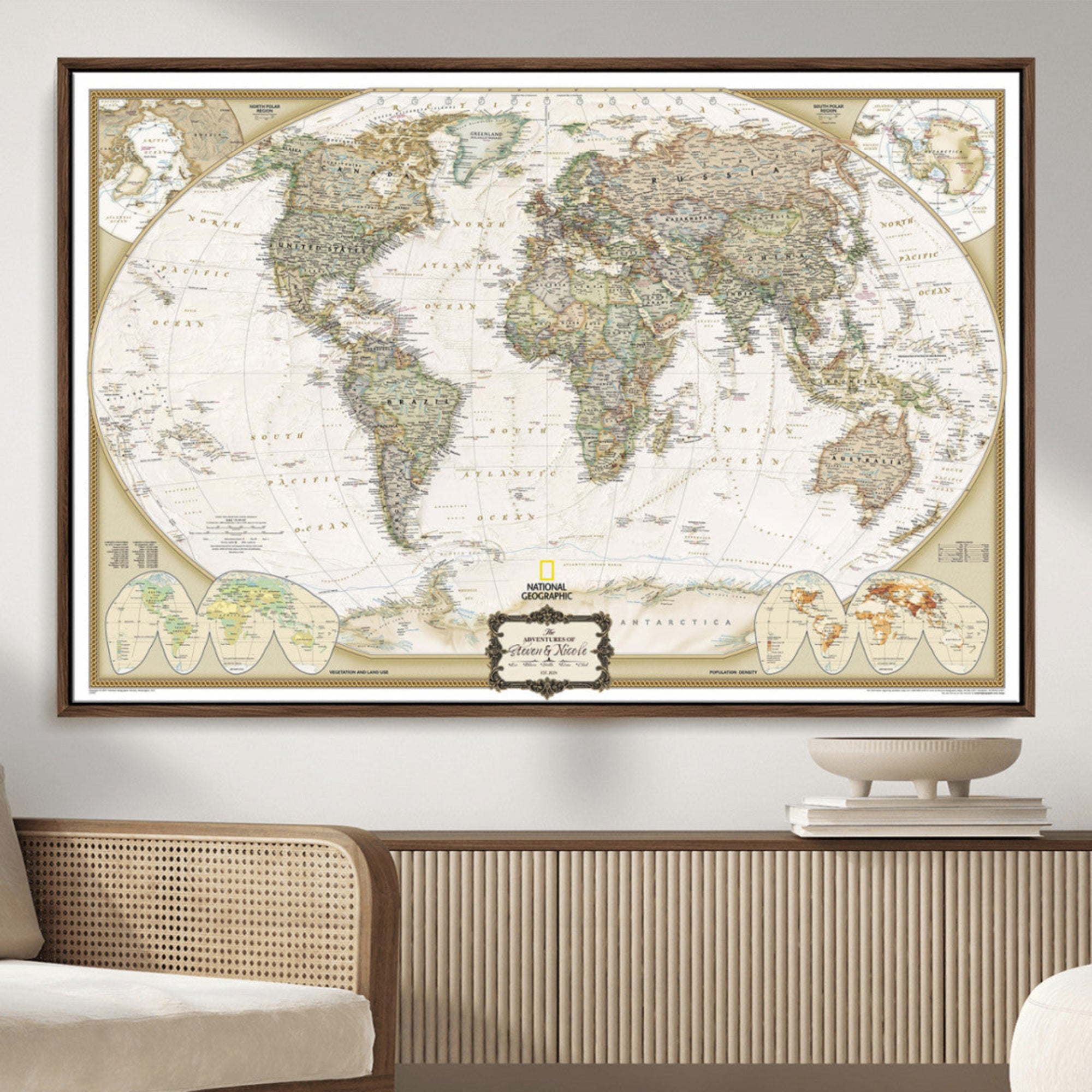 62071694-MGV-CV-36X24-Vintage World Map Wall Art Canvas Print, Classic Global Atlas with Antique Details Artwork for Home, Office