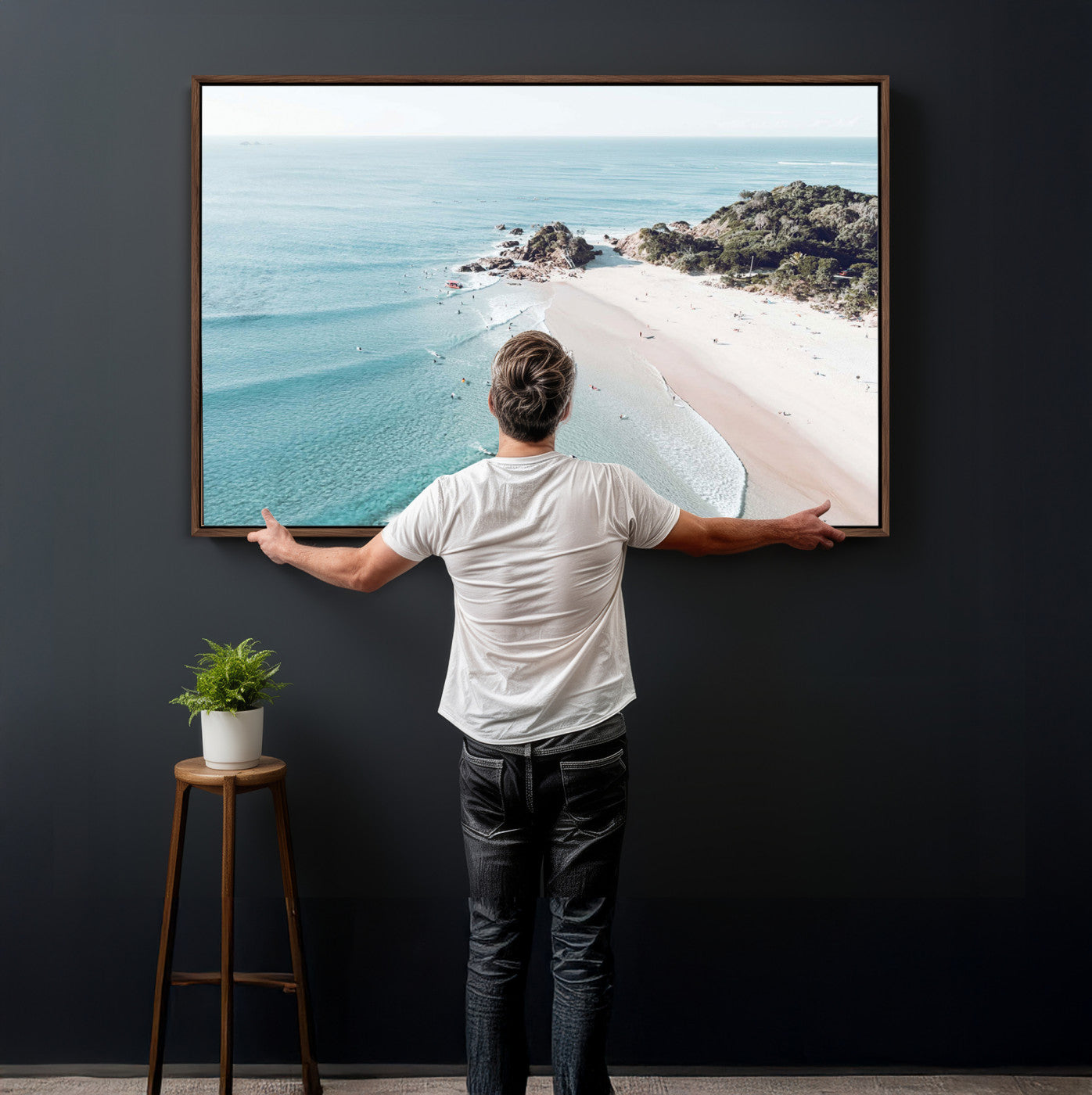 79395467-MGV-CV-36X24 - Aerial Beach Wall Art Canvas Print, Coastal Ocean Waves and Surfers Scenic Seaside Artwork for Home, Office Decor