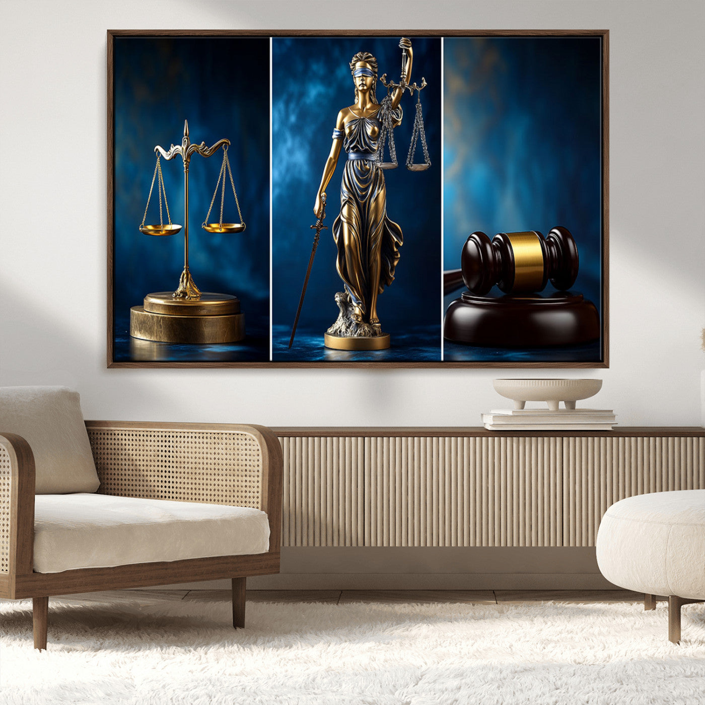 87750525-MGV-CV-36X24-Justice Scales Statue Wall Art, Lady Justice Sculpture Canvas Print, Legal Law Decor, Courtroom