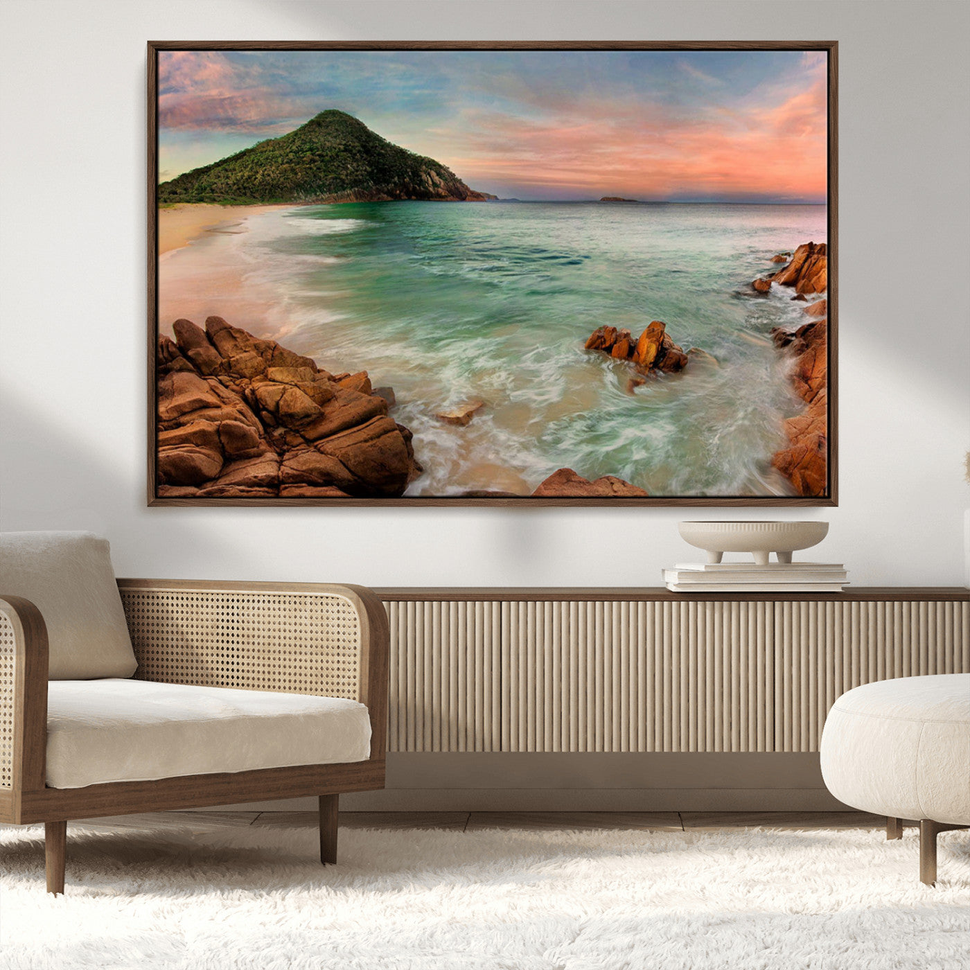-Coastal Landscape Wall Art Canvas Print – Rocky Shore and Green Hills at Sunset Beautiful Ocean View Artwork for Home, Office