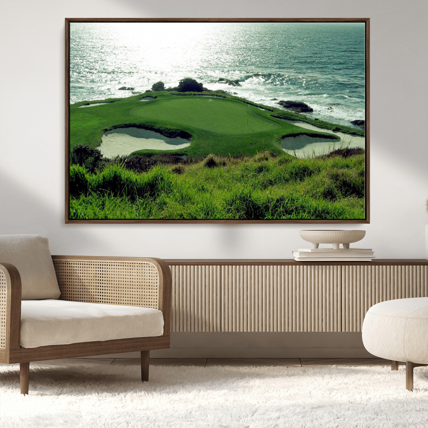 -Coastal Golf Course Wall Art Canvas Print – Scenic Green Surrounded by Sand Bunkers and Ocean Waves Artwork for Home, Office