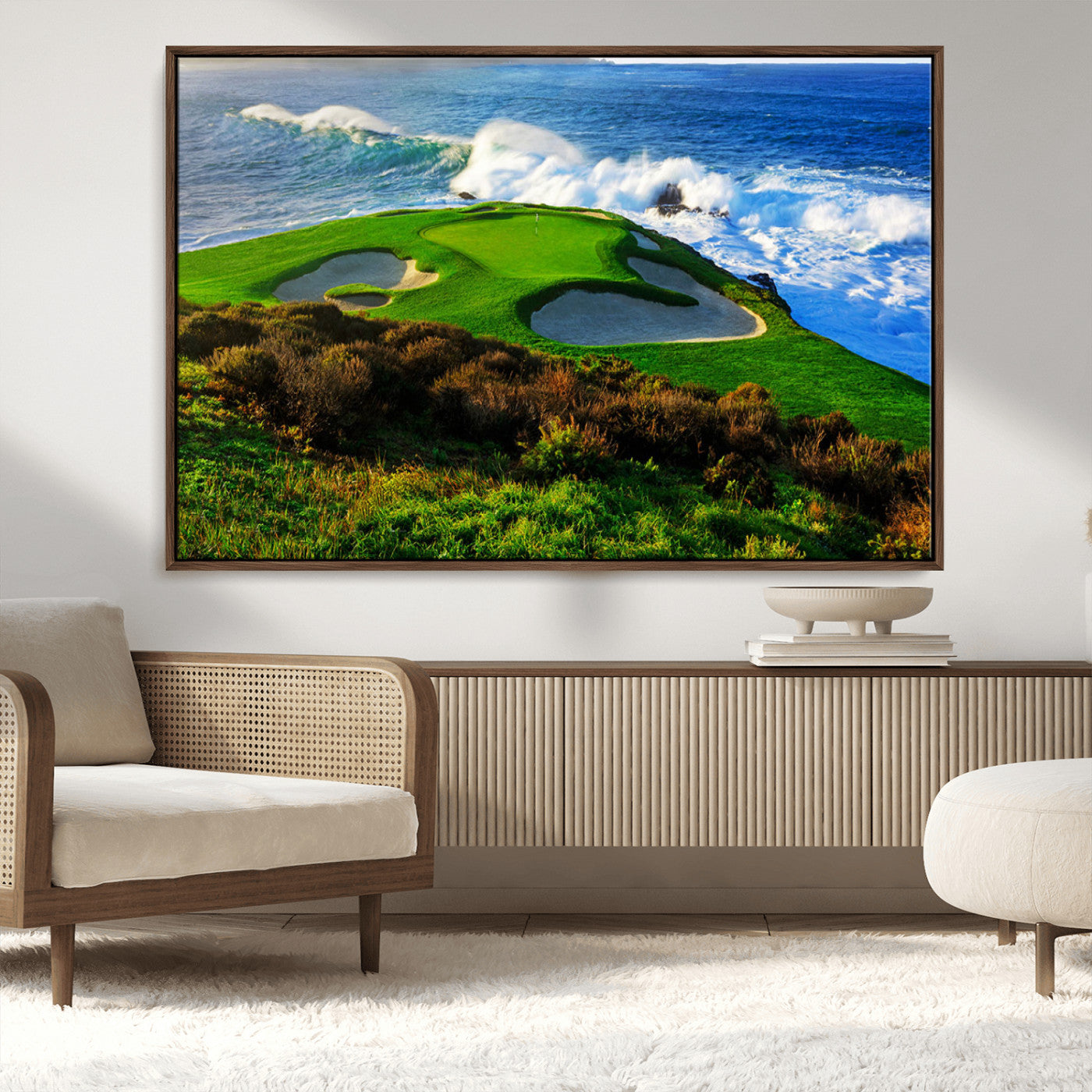 34181847-MGV-CV-36X24-Coastal Golf Course Wall Art Canvas Print – Vibrant Green with Sand Bunkers Overlooking Ocean Waves Artwork for Home, Office