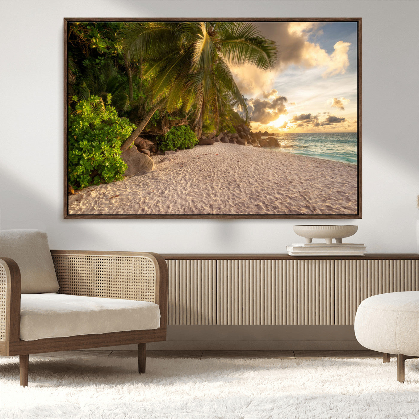 MGV-FC-36X24 - Tropical beach sunset, palm trees, white sand, ocean waves, golden sky, serene landscape, nature