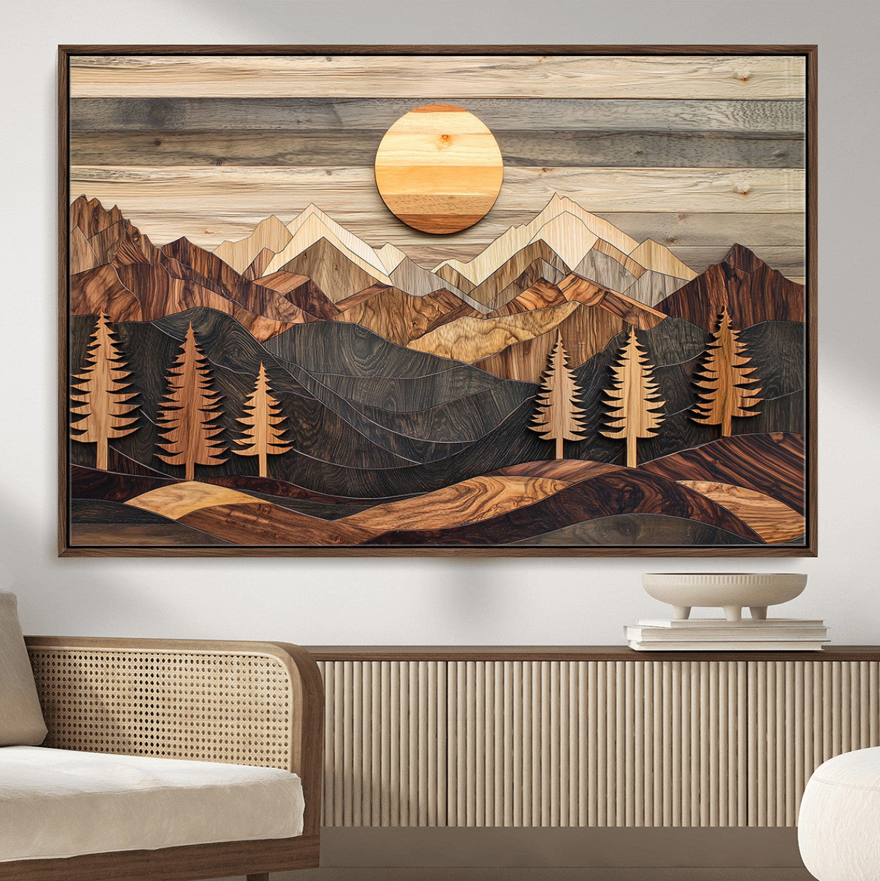 19832326-MGV-FC-36X24 - Wooden Mountain Landscape Layered Texture Geometric Shapes Sun Pine Trees Rustic Natural Tones Art