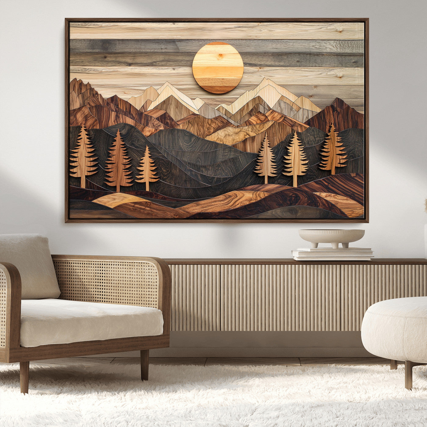 MGV-FC-36X24 - Wooden Mountain Layers Canvas Wall Art – Rustic Pine Tree Landscape with Sunlight Artistic Nature