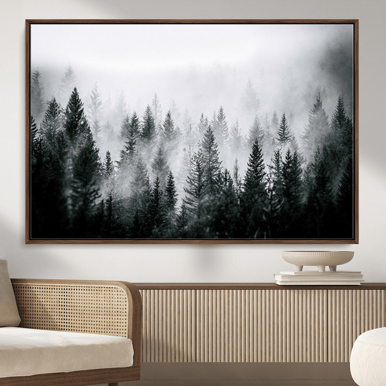 MGV-FC-36X24 - Foggy Pine Forest Canvas Wall Art, Horizontal Black and White Nature Landscape Print for Modern Home Decor