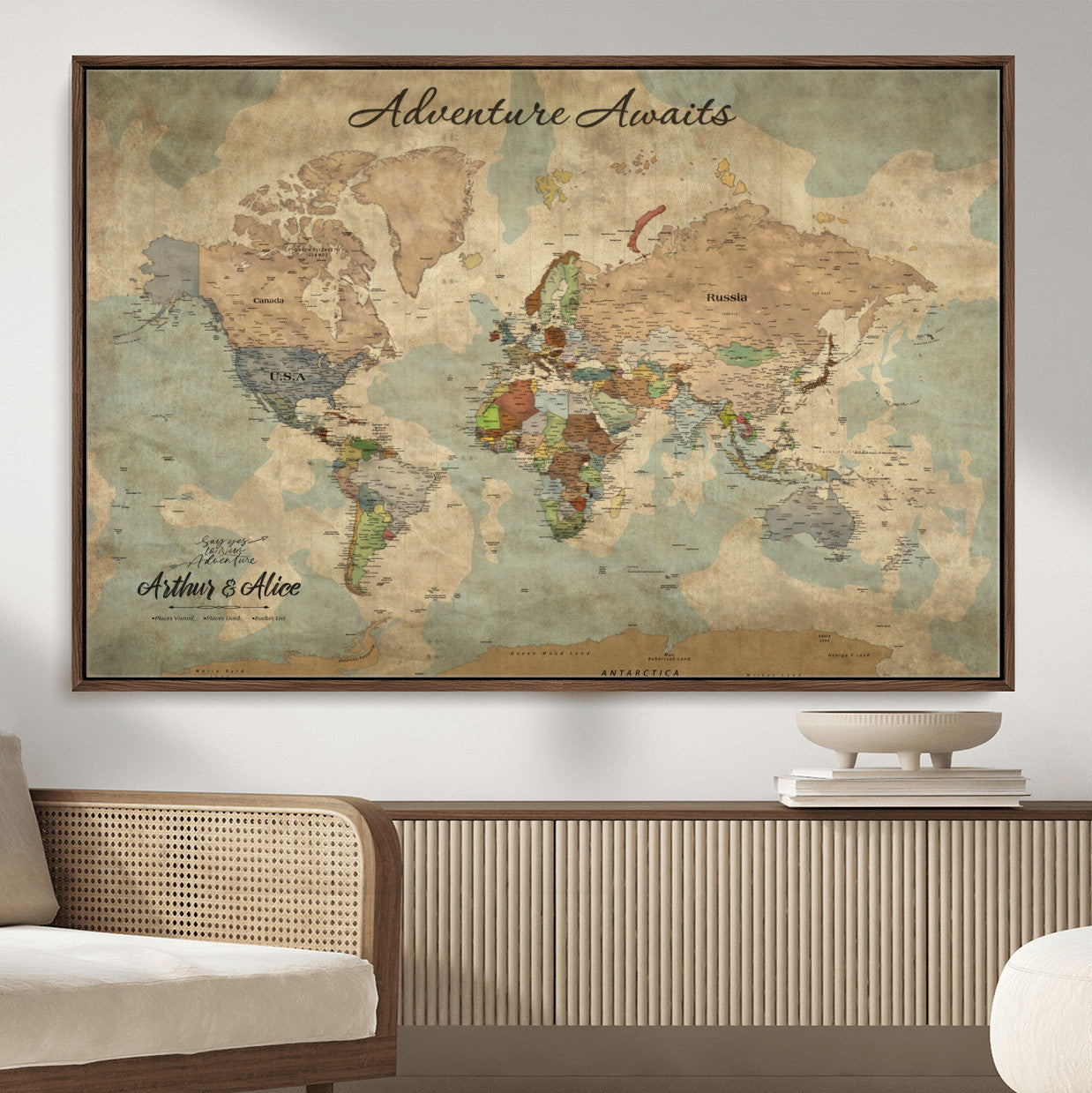 MGV-FC-36X24 - Personalized World Map Wall Art Canvas Print – Custom Push Pin Travel Map for Couples, Families, or Office Décor