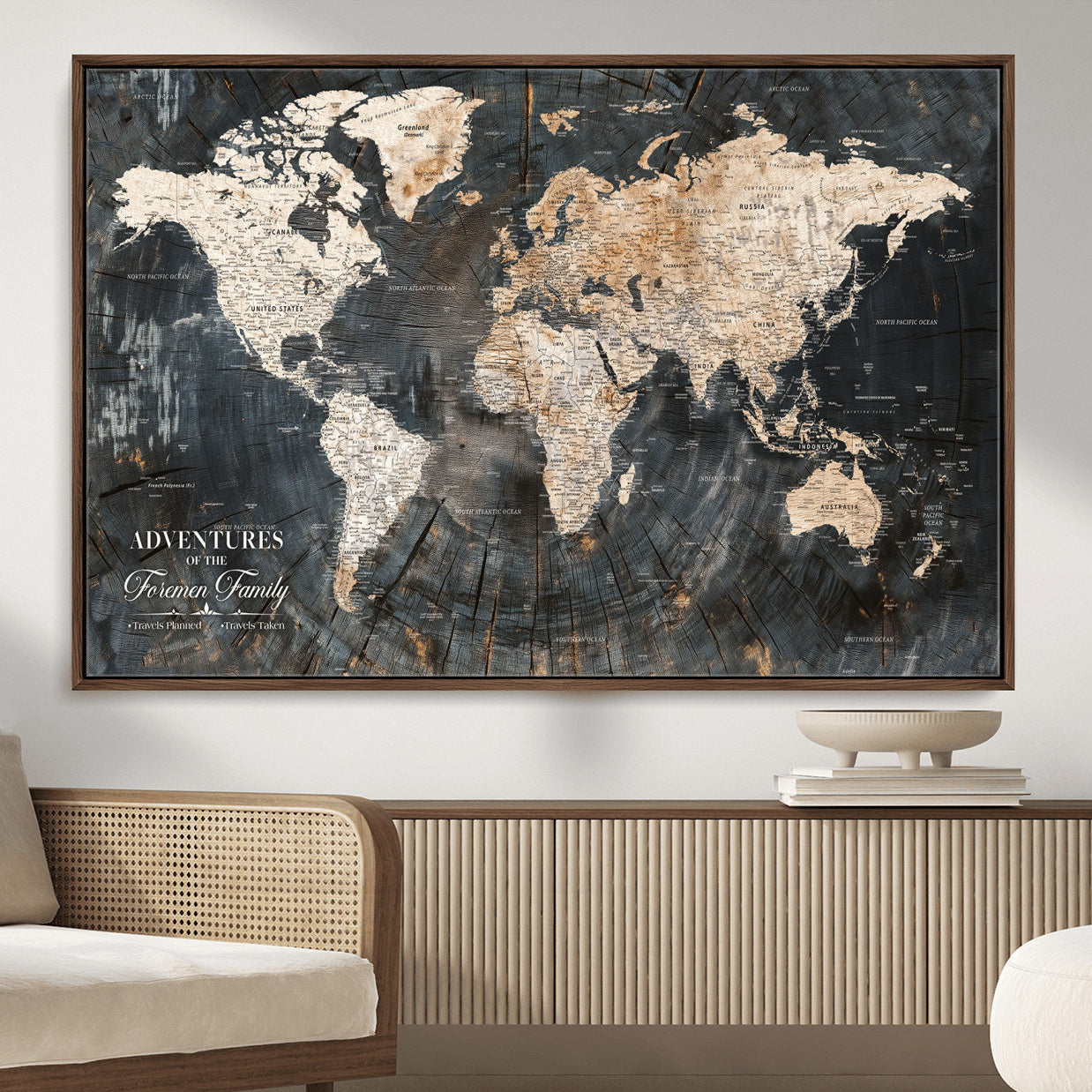 58265369-MGV-FC-36X24 - Customized Push Pin World Map Wall Art Canvas Print with Pins, Personalized Travel Tracker Map, Framed World Map for Living Room, Office and Home Decor