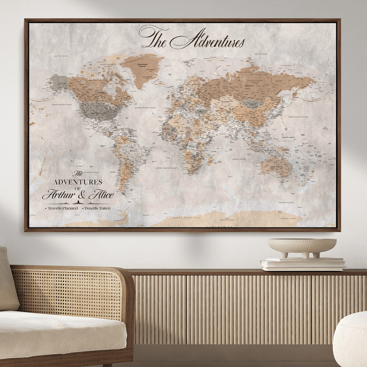 91774967-MGV-FC-36X24 - Personalized Push Pin World Map Canvas Print – Custom Framed Travel Tracker Artwork for Couples or Home Decor