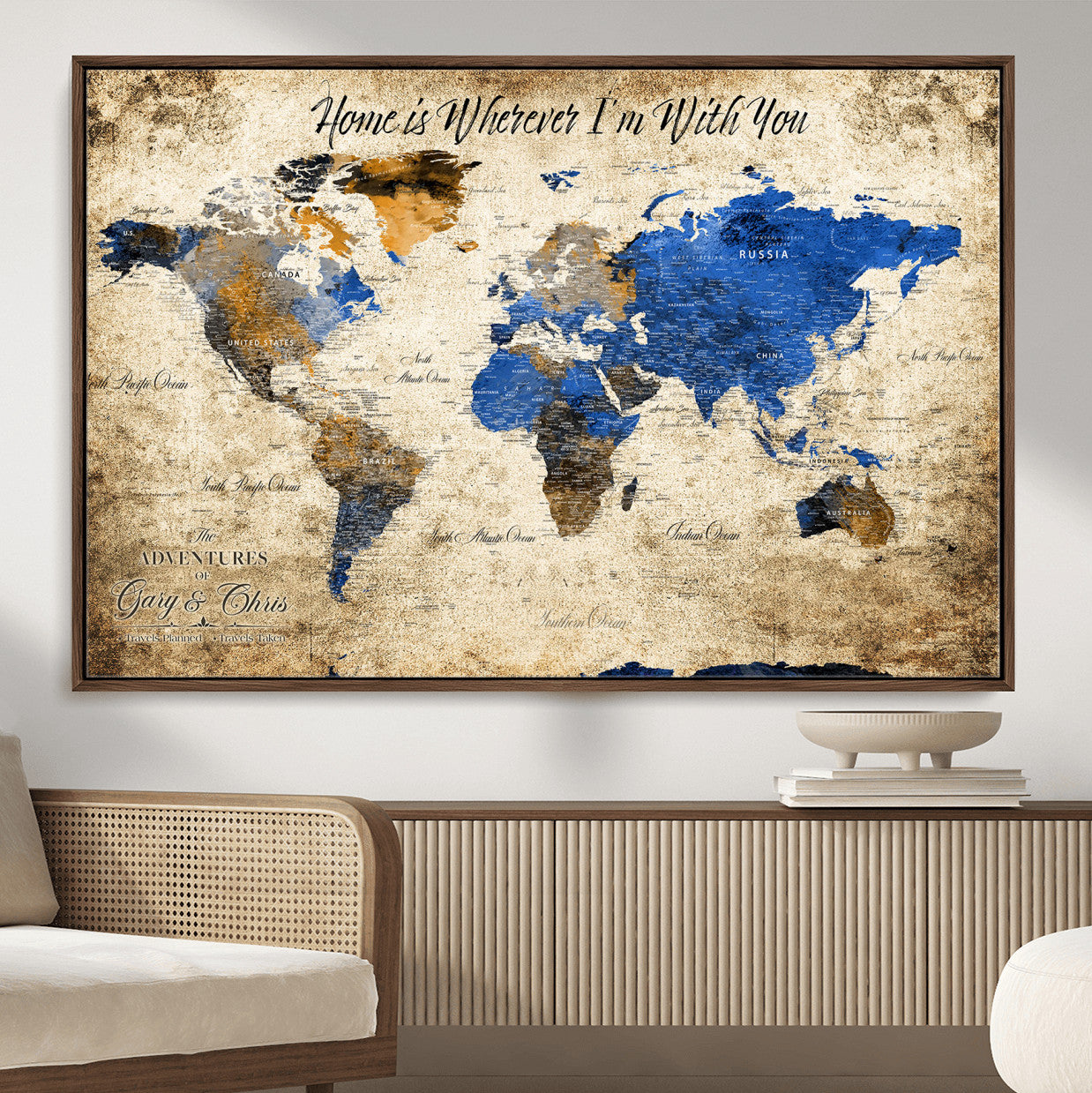 20854758-MGV-FC-36X24 - Personalized Push Pin World Map Canvas Print – Custom Framed Travel Tracker Artwork with Pins for Home and Office Decor