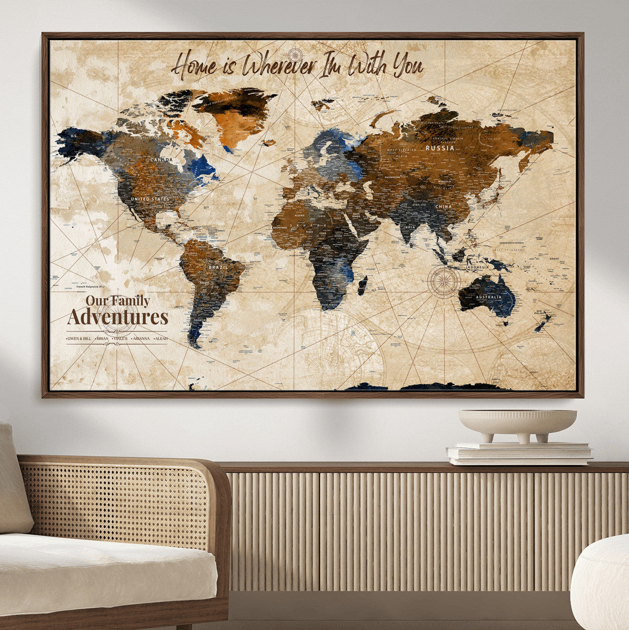 37709027-MGV-FC-36X24 - Customized Push Pin World Map Wall Art Canvas Print with Pins, Vintage Personalized Travel Tracker Map, Framed World Map for Living Room, Office and Home Decor