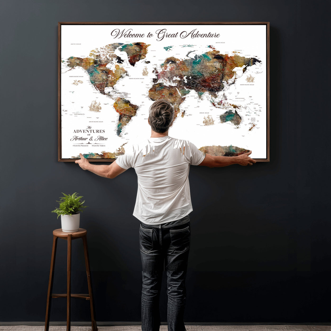 24221896-MGV-FC-36X24 - Personalized Push Pin World Map Wall Art Canvas Print with Pins – Customize Travel Tracker Map for Home and Office Décor
