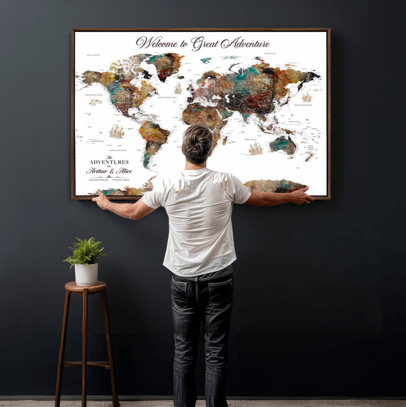 24221896-MGV-FC-36X24 - Personalized Push Pin World Map Wall Art Canvas Print with Pins – Customize Travel Tracker Map for Home and Office Décor