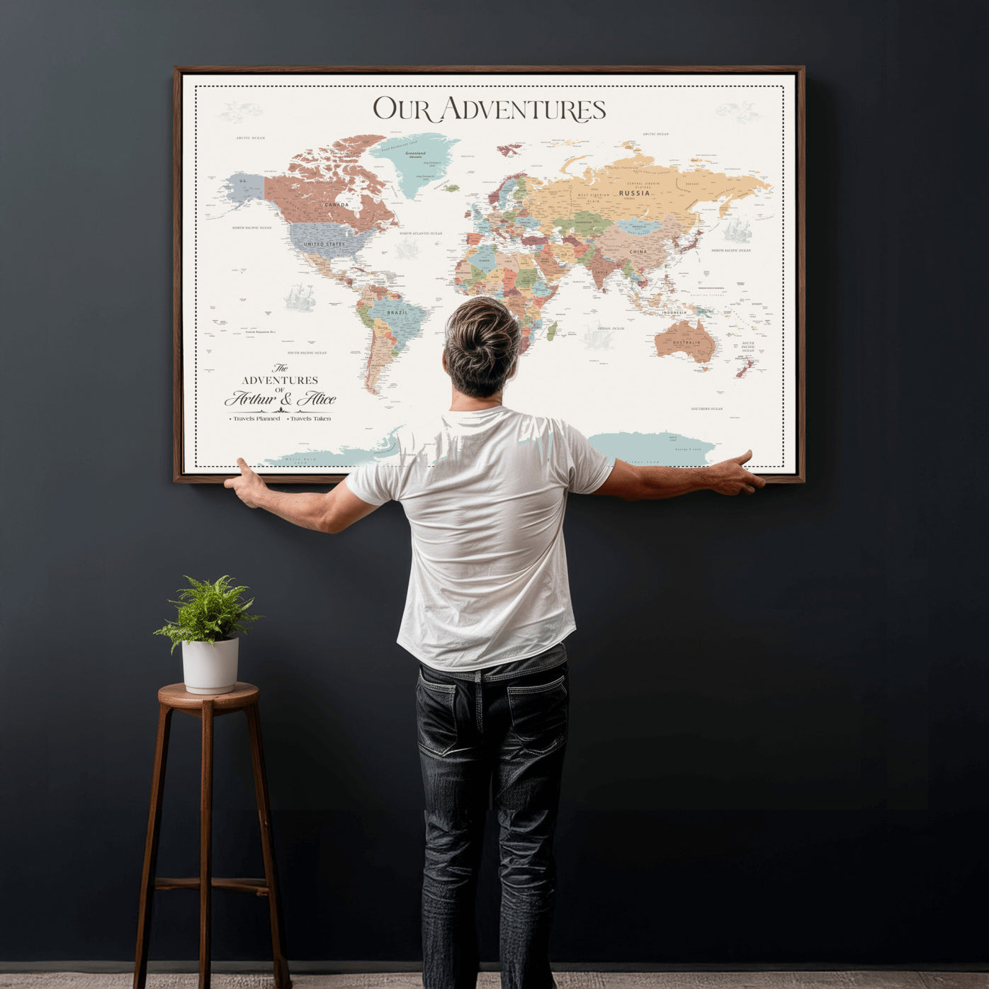 63033739-MGV-FC-36X24 - Personalized Push Pin World Map Wall Art Canvas Print with Pins – Customize Travel Tracker Map for Home and Office Décor