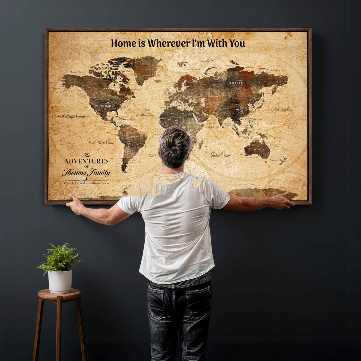 61703173-MGV-FC-36X24 - Personalized Push Pin World Map Wall Art Canvas Print with Pins – Customize Travel Tracker Map for Home and Office Décor