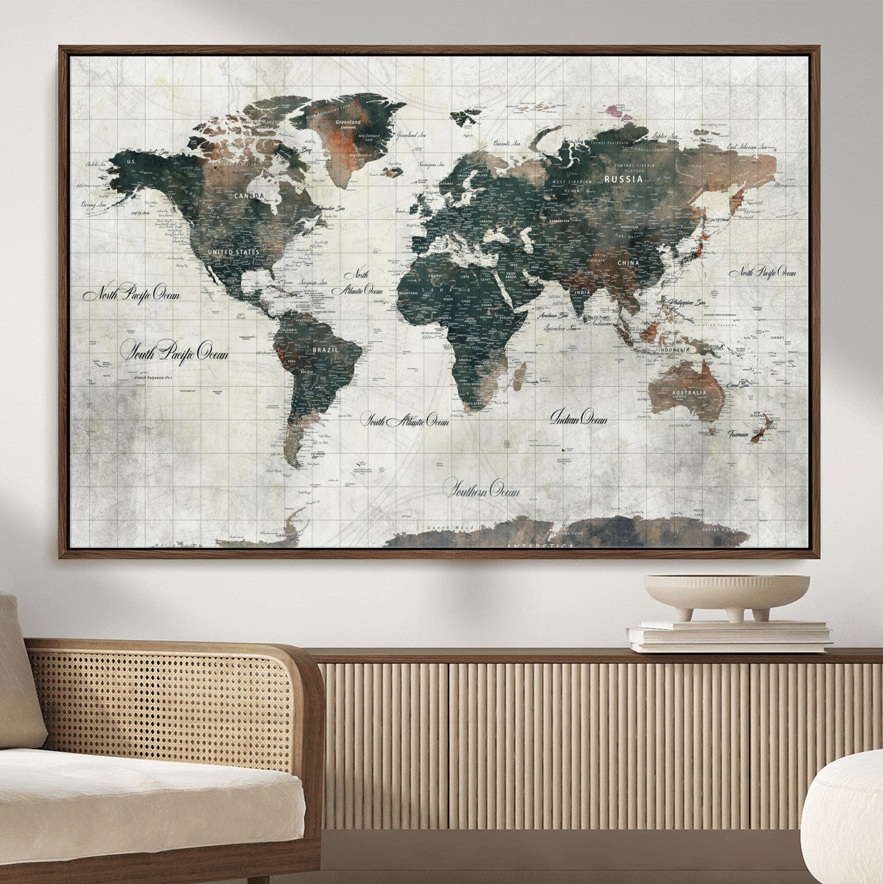 90149079-MGV-FC-36X24 - World Map Wall Art Canvas Print, Modern Decorative Framed Map Artwork Prints for Living Room, Office, Bedroom Wall Decor