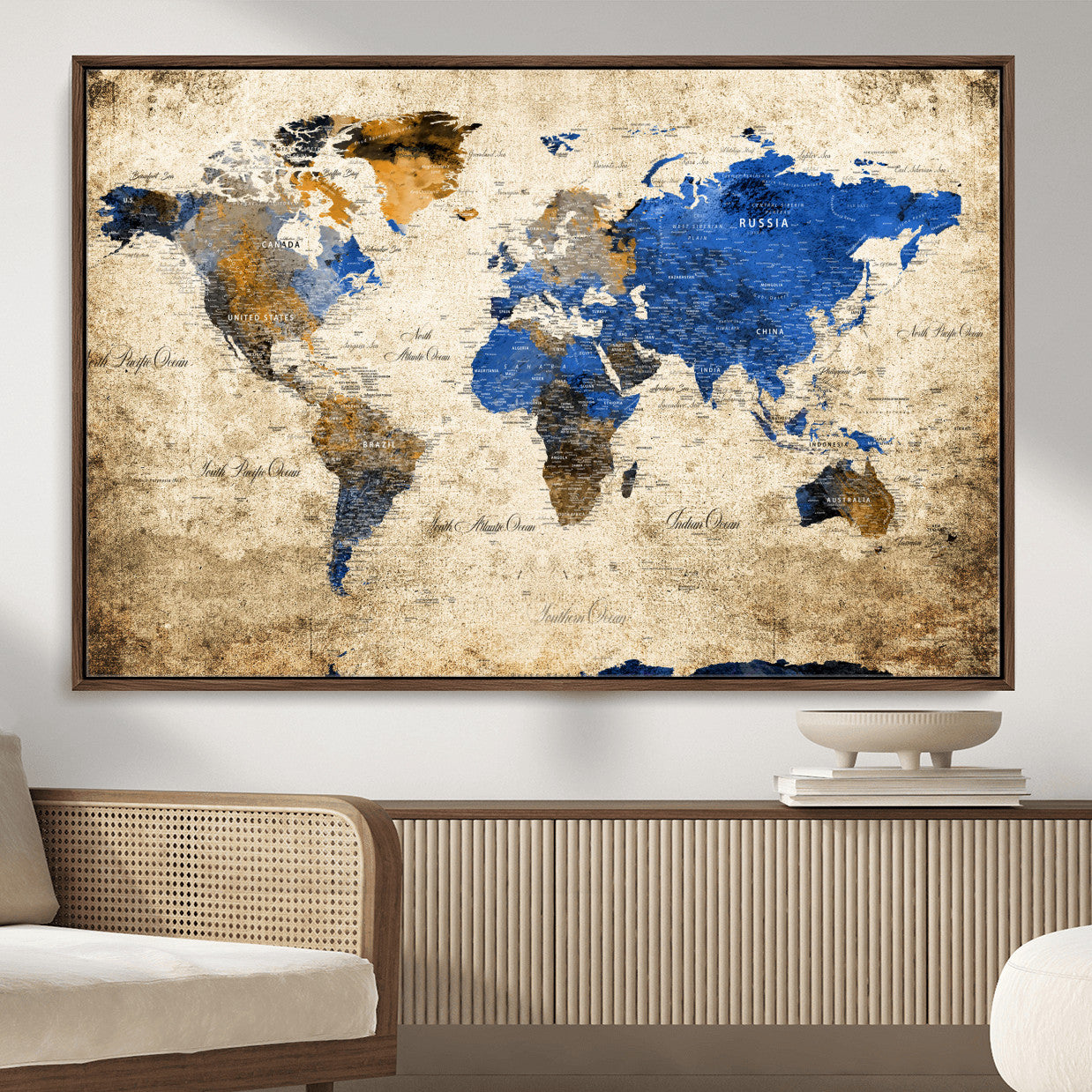 13564339-MGV-FC-36X24 - World Map Wall Art Canvas Print, Modern Decorative Framed Map Artwork Prints for Living Room, Office, Bedroom Wall Decor