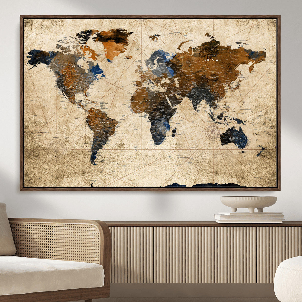 56297284-MGV-FC-36X24 - World Map Wall Art Canvas Print, Modern Decorative Framed Map Artwork Prints for Living Room, Office, Bedroom Wall Decor