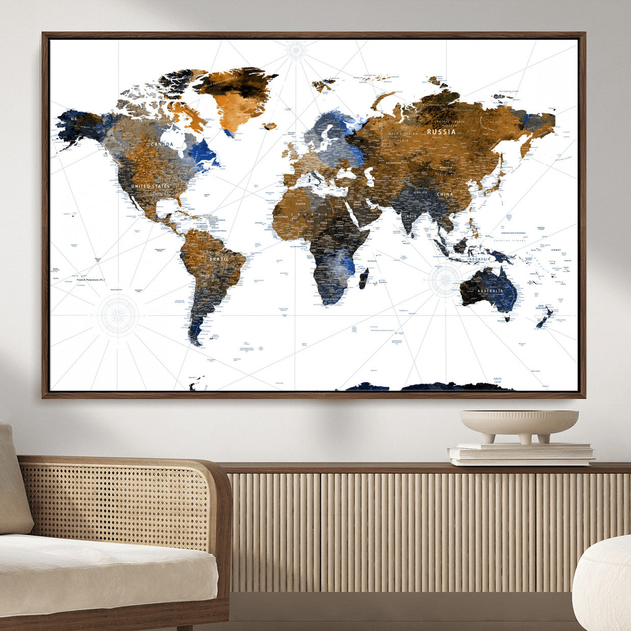 40862517-MGV-FC-36X24 - World Map Wall Art Canvas Print, Modern Decorative Framed Map Artwork Prints for Living Room, Office, Bedroom Wall Decor