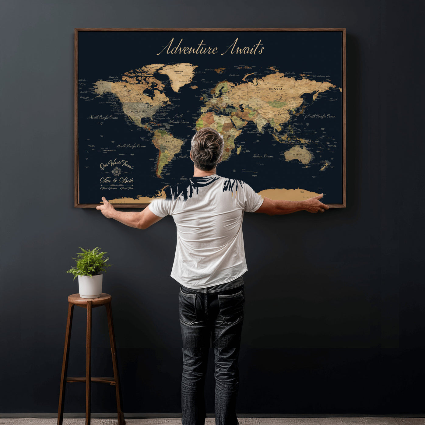 92618915-MGV-FC-36X24 - Customized Push Pin World Map Wall Art Canvas Print with Pins, Framed Personalize Travel Tracker Map, World Map for Living Room and Office Decor