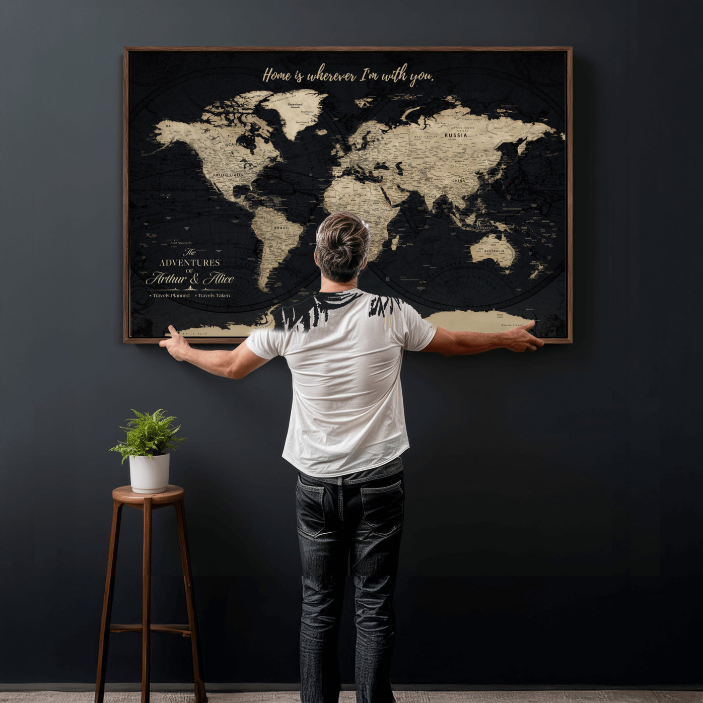 87955516-MGV-FC-36X24 - Customized Push Pin World Map Wall Art Canvas Print with Pins, Framed Personalize Travel Tracker Map, World Map for Living Room and Office Decor