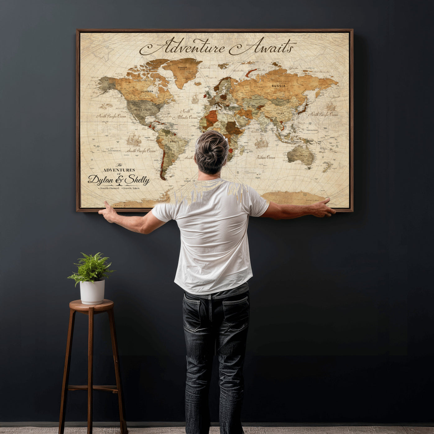 17298116-MGV-FC-36X24 - Custom World Map Wall Art Canvas Print with Pins, Framed Personalize Push Pin Travel Tracker Map, World Map for Living Room and Office Decor