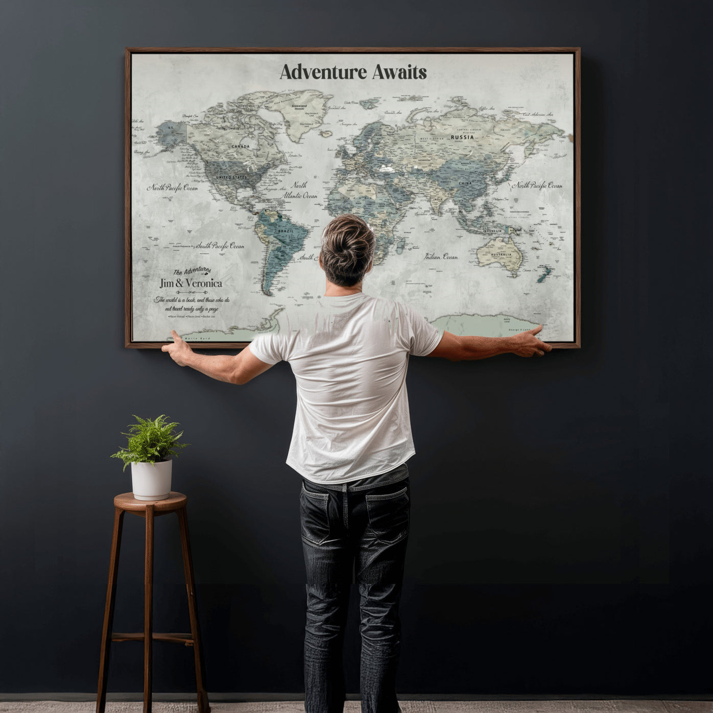 99034689-MGV-FC-36X24 - Customized Push Pin World Map Wall Art Canvas Print with Pins, Framed Personalize Travel Tracker Map, World Map for Living Room and Office Decor