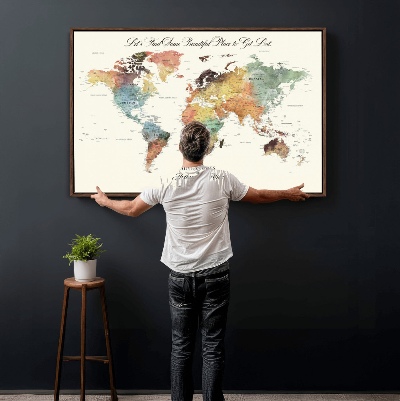 67119830-MGV-FC-36X24 - Customized Push Pin World Map Wall Art Canvas Print with Pins, Framed Personalize Travel Tracker Map, World Map for Living Room and Office Decor