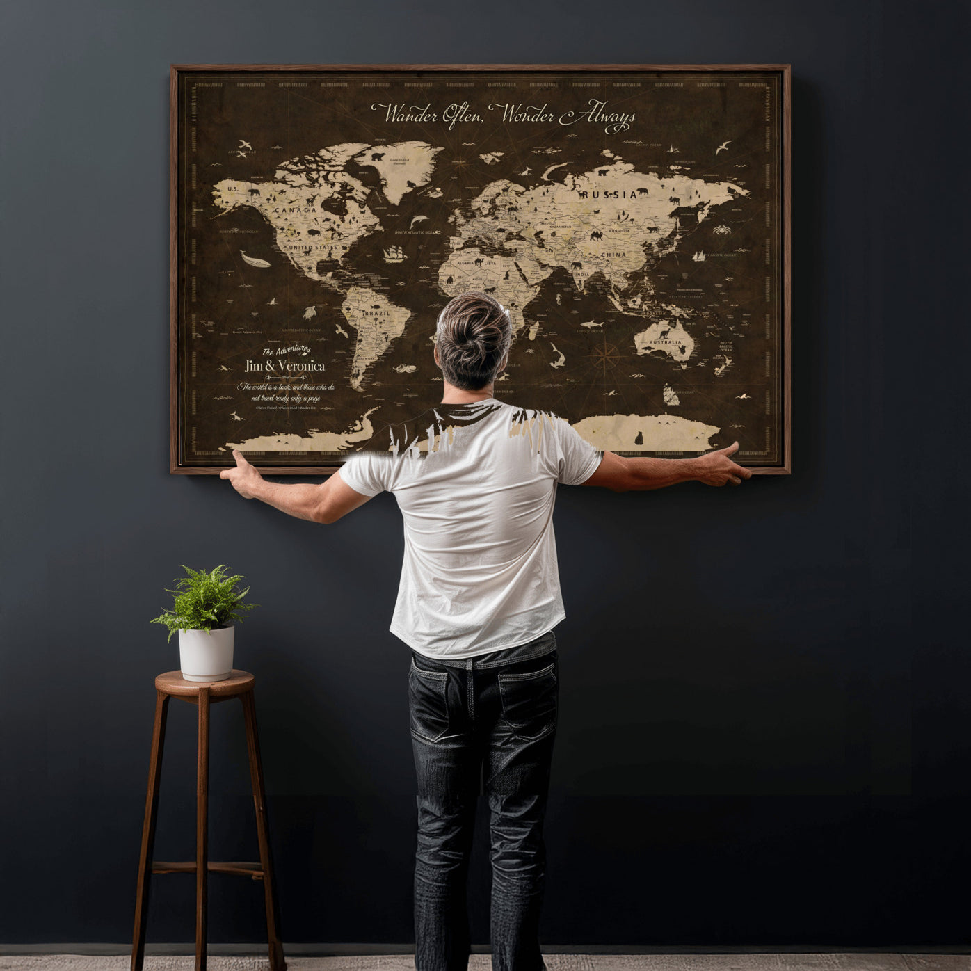 85776859-MGV-FC-36X24 - Personalize Push Pin World Map Wall Art Canvas Print with Pins, Framed Personalize Travel Tracker Map, World Map for Living Room and Office Decor