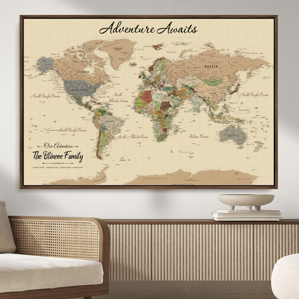 63407426-MGV-FC-36X24 - Customized Push Pin World Map Wall Art Canvas Print with Pins, Framed Personalize Travel Tracker Map, World Map for Living Room and Office Decor