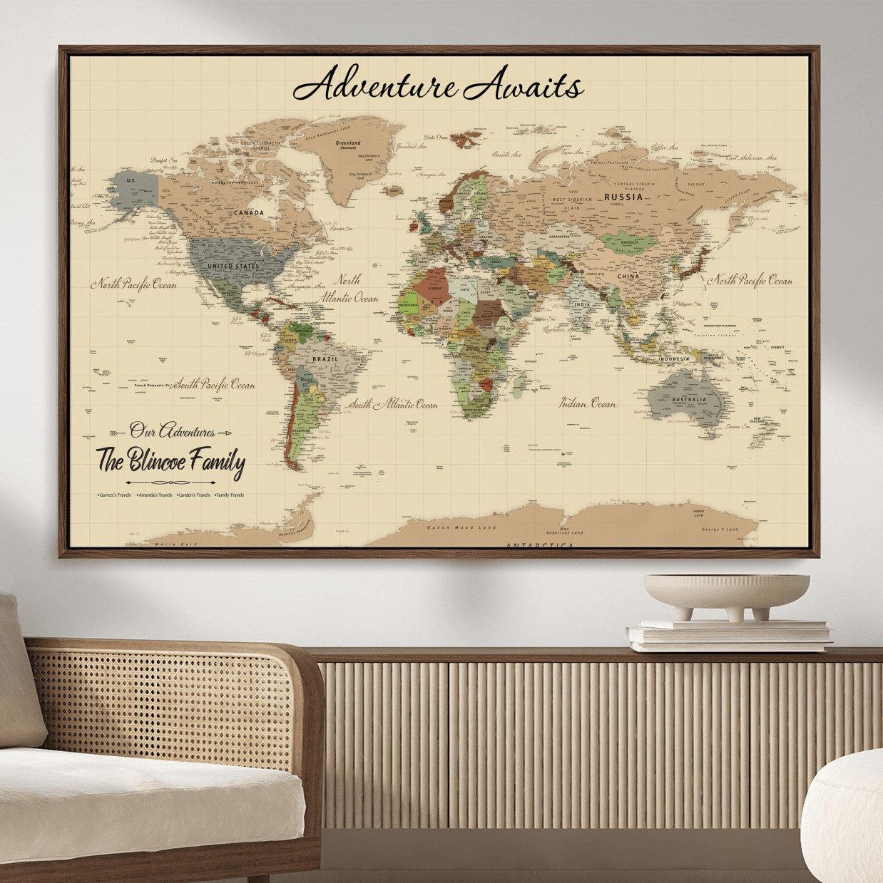 63407426-MGV-FC-36X24 - Customized Push Pin World Map Wall Art Canvas Print with Pins, Framed Personalize Travel Tracker Map, World Map for Living Room and Office Decor