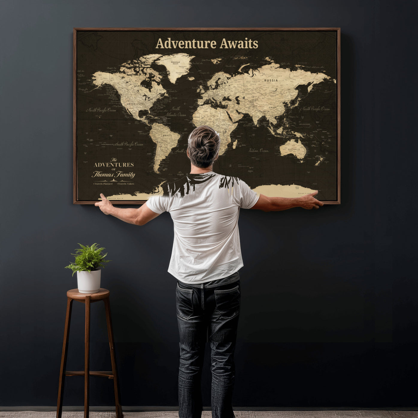 67940426-MGV-FC-36X24 - Customized Push Pin World Map Wall Art Canvas Print with Pins, Framed Personalize Travel Tracker Map, World Map for Living Room and Office Decor