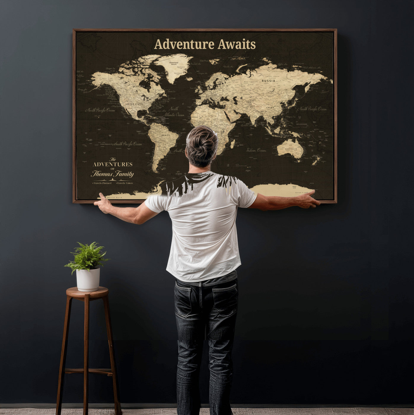 67940426-MGV-FC-36X24 - Customized Push Pin World Map Wall Art Canvas Print with Pins, Framed Personalize Travel Tracker Map, World Map for Living Room and Office Decor