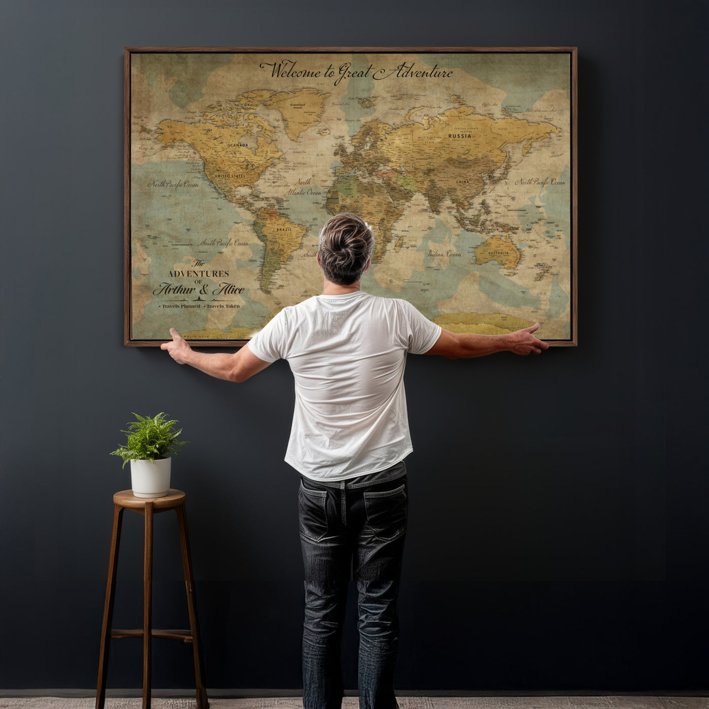 37903085-MGV-CV-36X24 - Custom Push Pin World Map Wall Art Canvas Print – Personalized Travel Tracker with Pins Framed Large for Home and Office Decor