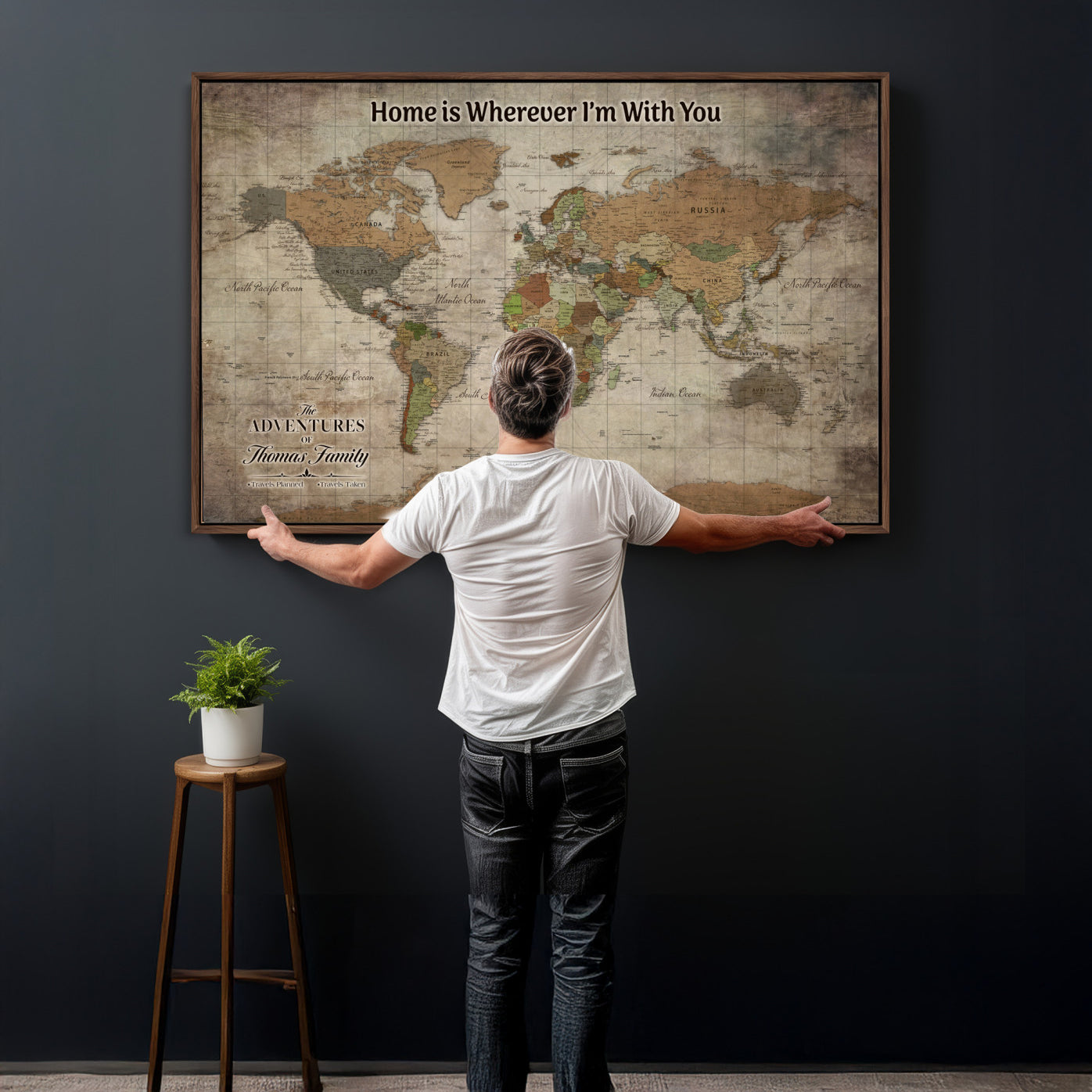 22593671-MGV-CV-36X24 - Custom Push Pin World Map Wall Art Canvas Print – Personalized Travel Tracker with Pins Framed Large for Home and Office Decor