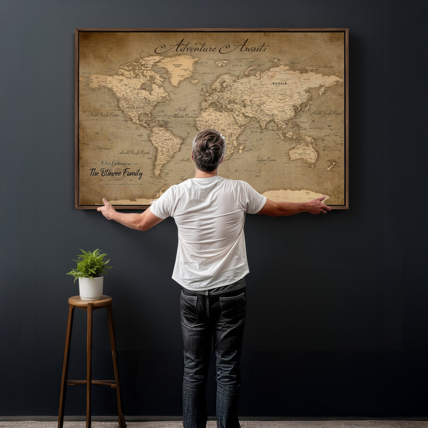 59418012-MGV-CV-36X24 - Custom Push Pin World Map Wall Art Canvas Print – Personalized Travel Tracker with Pins Framed Large for Home and Office Decor