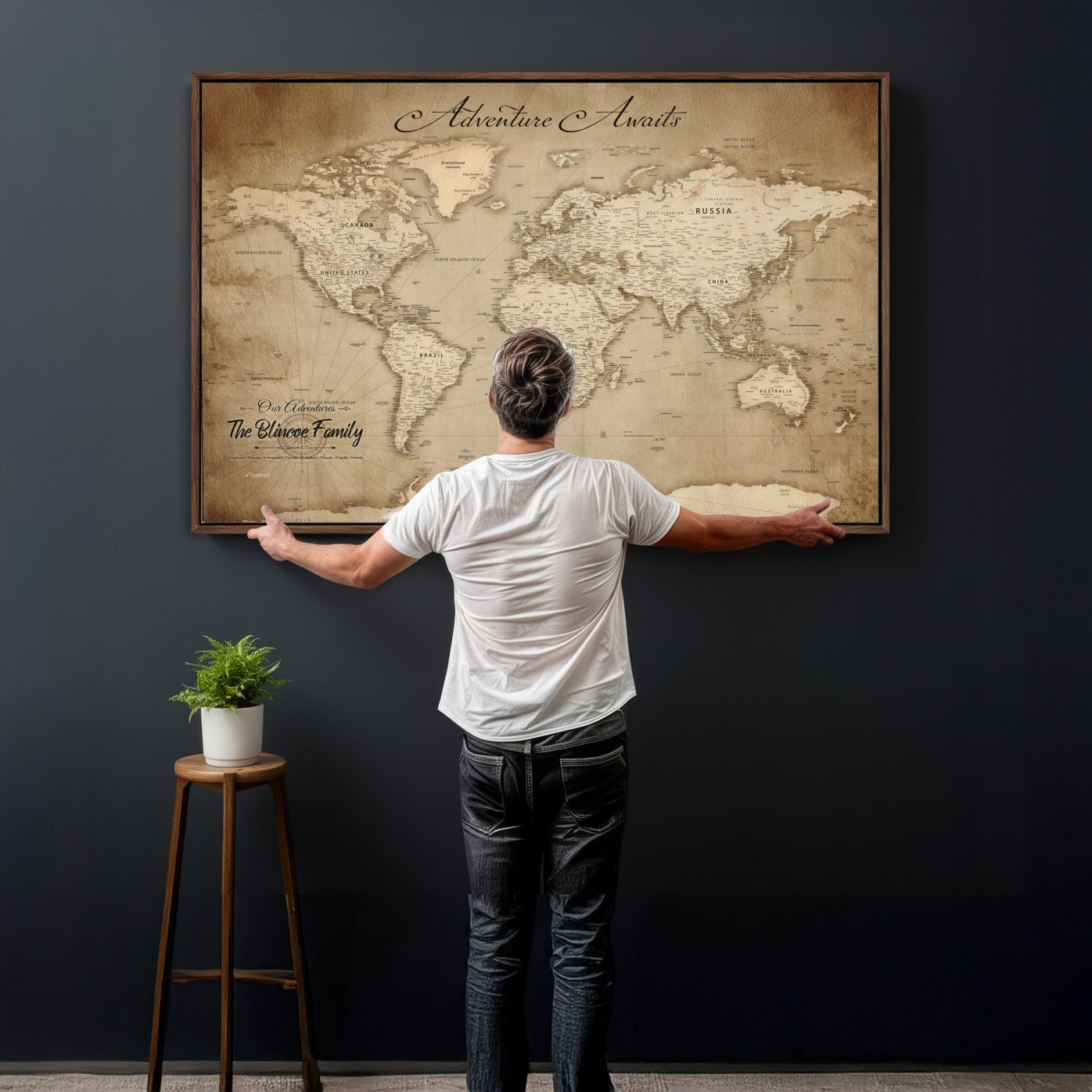 59757370-MGV-CV-36X24 - Custom Push Pin World Map Wall Art Canvas Print – Personalized Travel Tracker with Pins Framed Large for Home and Office Decor