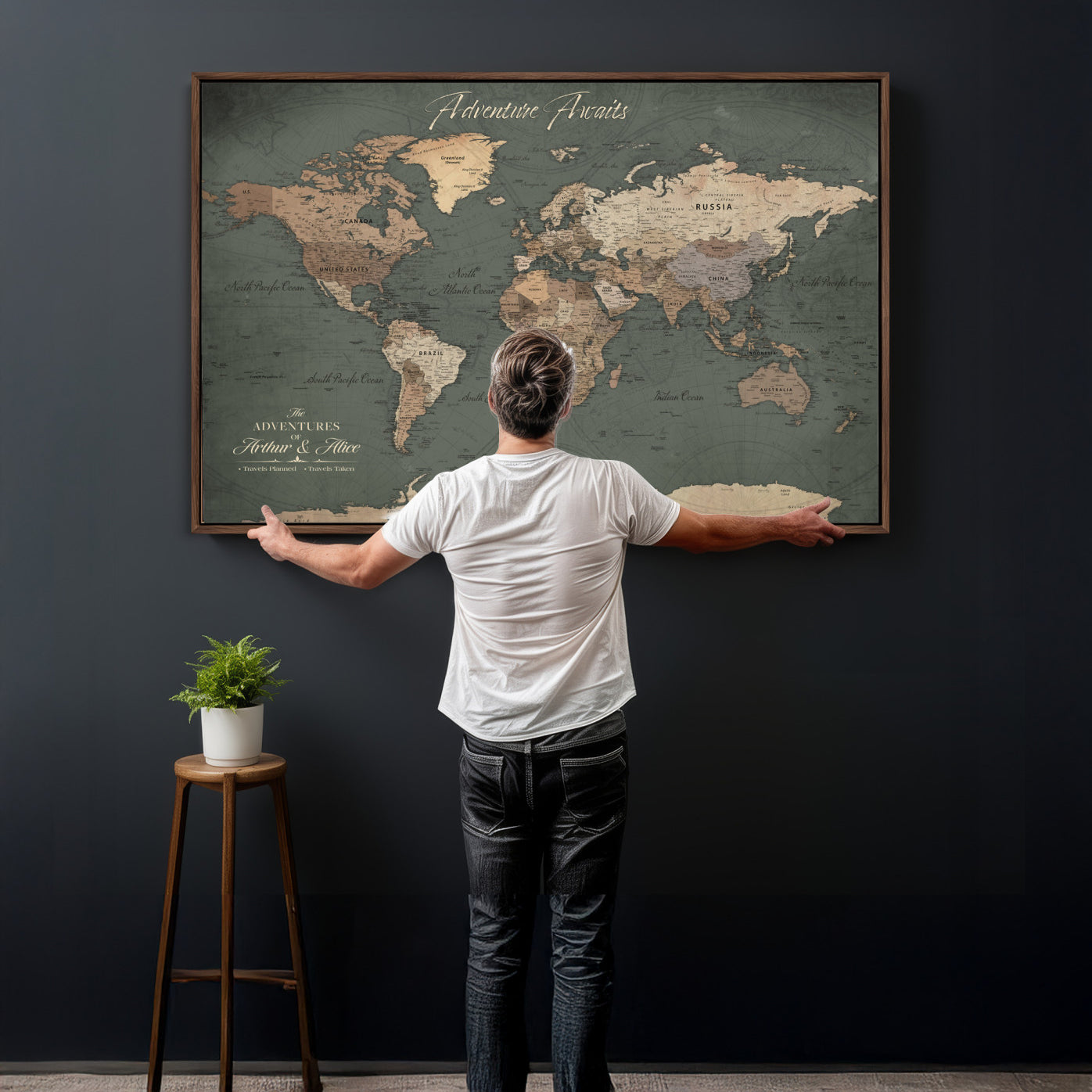 24734446-MGV-CV-36X24 - Custom Push Pin World Map Wall Art Canvas Print – Personalized Travel Tracker with Pins Framed Large for Home and Office Decor