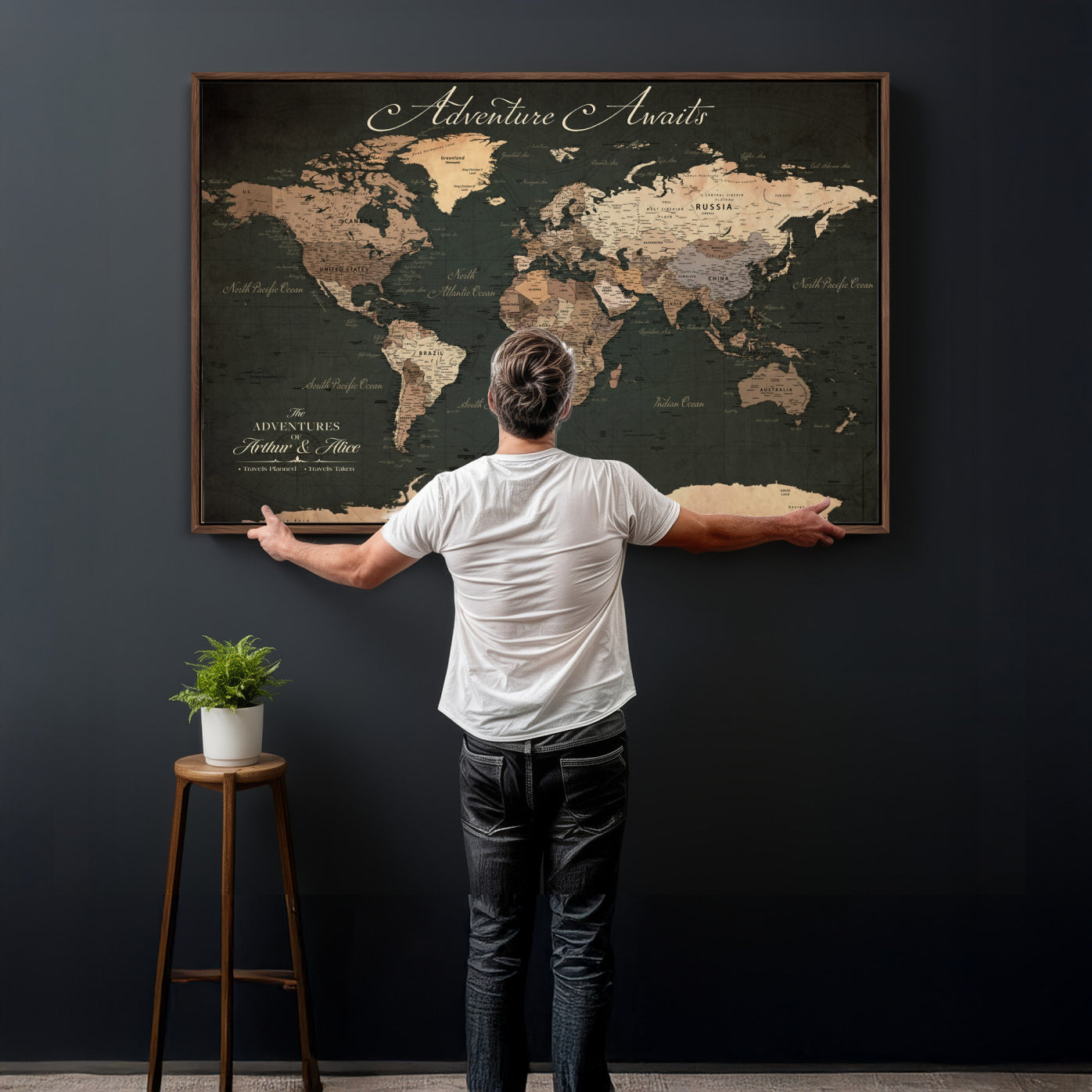 74987709-MGV-CV-36X24 - Custom Push Pin World Map Wall Art Canvas Print – Personalized Travel Tracker with Pins Framed Large for Home and Office Decor
