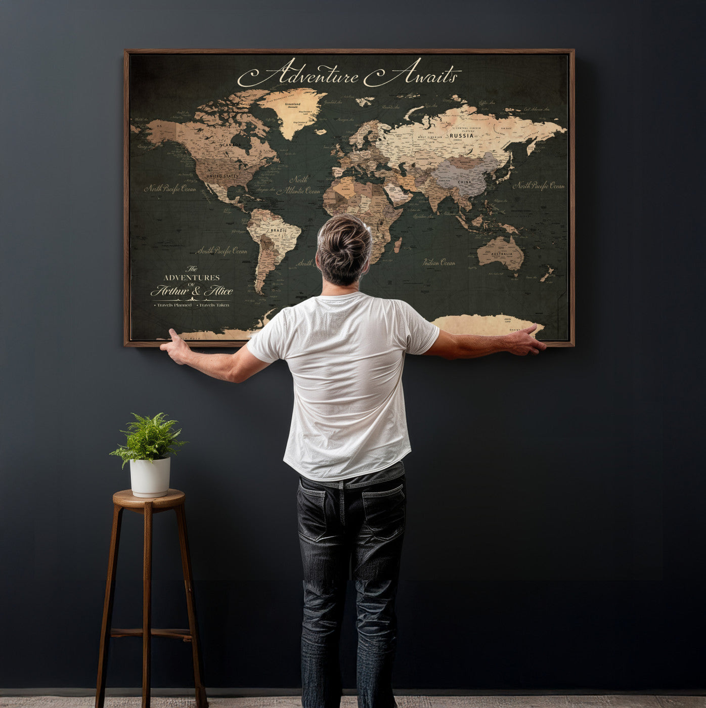 74987709-MGV-CV-36X24 - Custom Push Pin World Map Wall Art Canvas Print – Personalized Travel Tracker with Pins Framed Large for Home and Office Decor