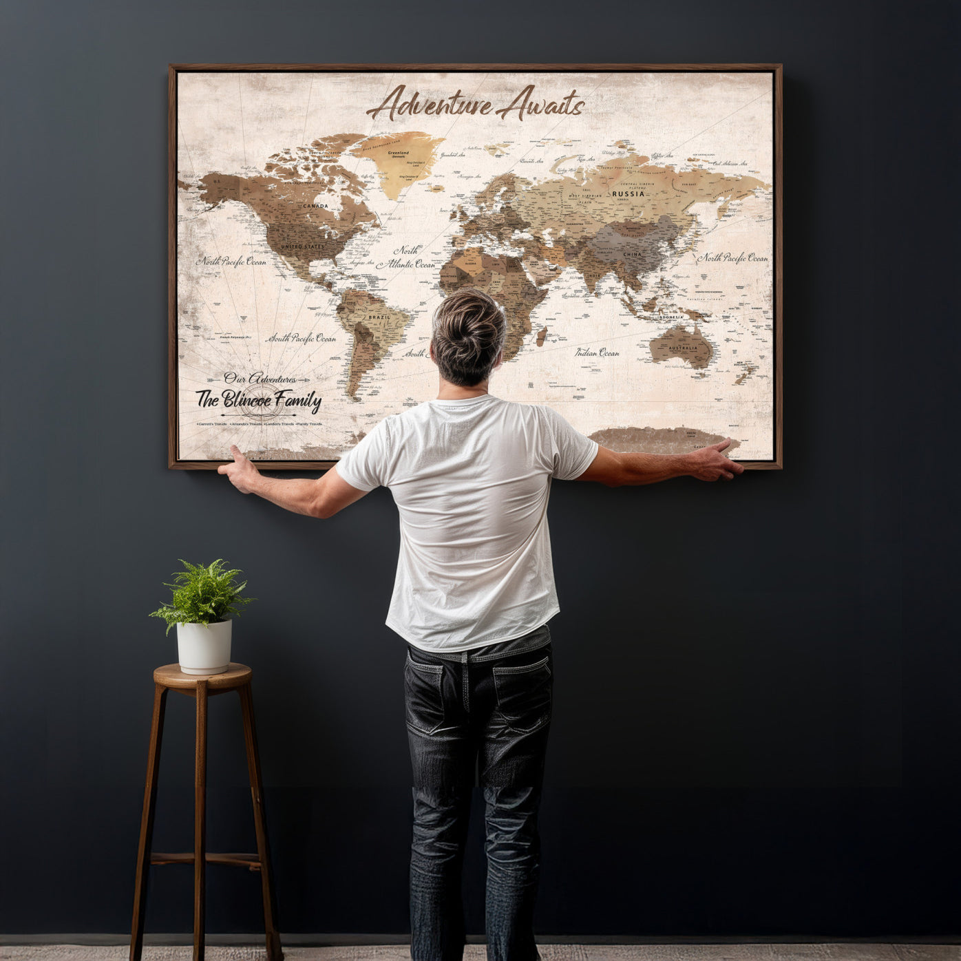 70887266-MGV-CV-36X24 - Custom Push Pin World Map Wall Art Canvas Print – Personalized Travel Tracker with Pins Framed Large for Home and Office Decor