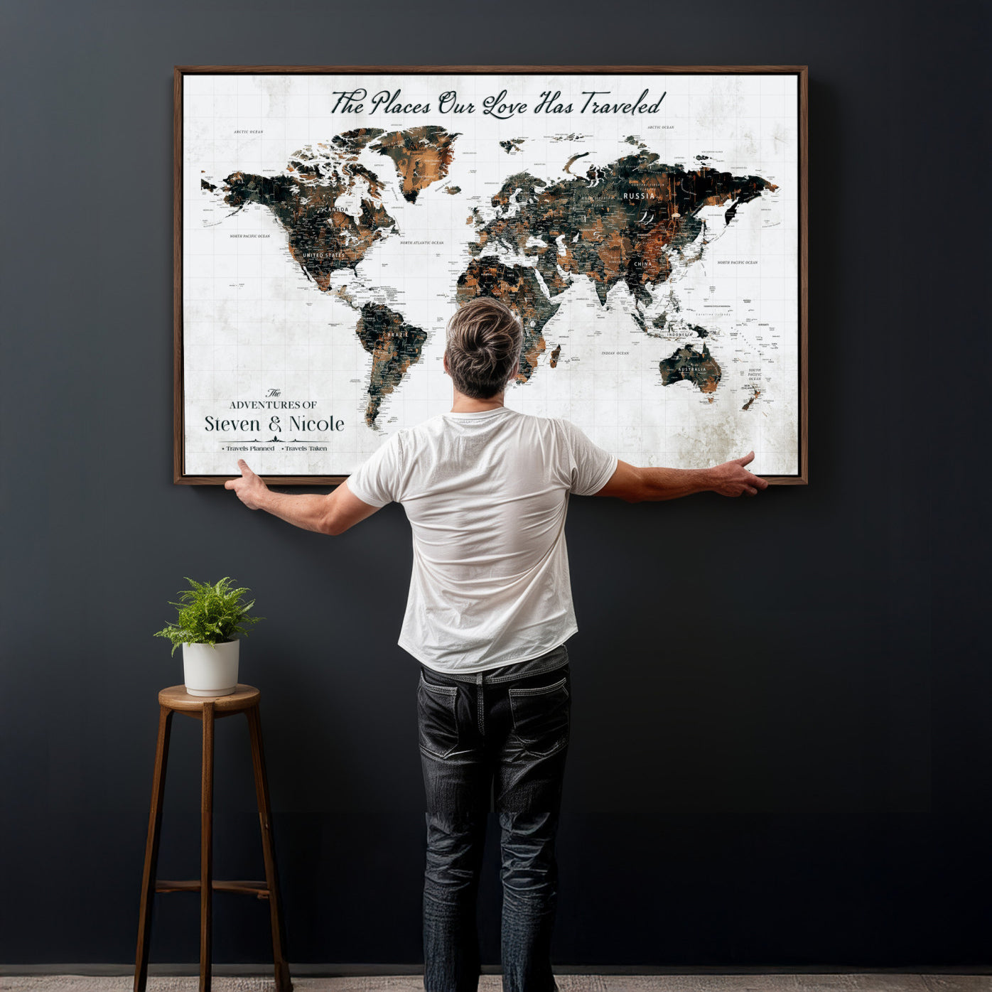29090064-MGV-CV-36X24 - Custom Push Pin World Map Wall Art Canvas Print – Personalized Travel Tracker with Pins Framed Large for Home and Office Decor