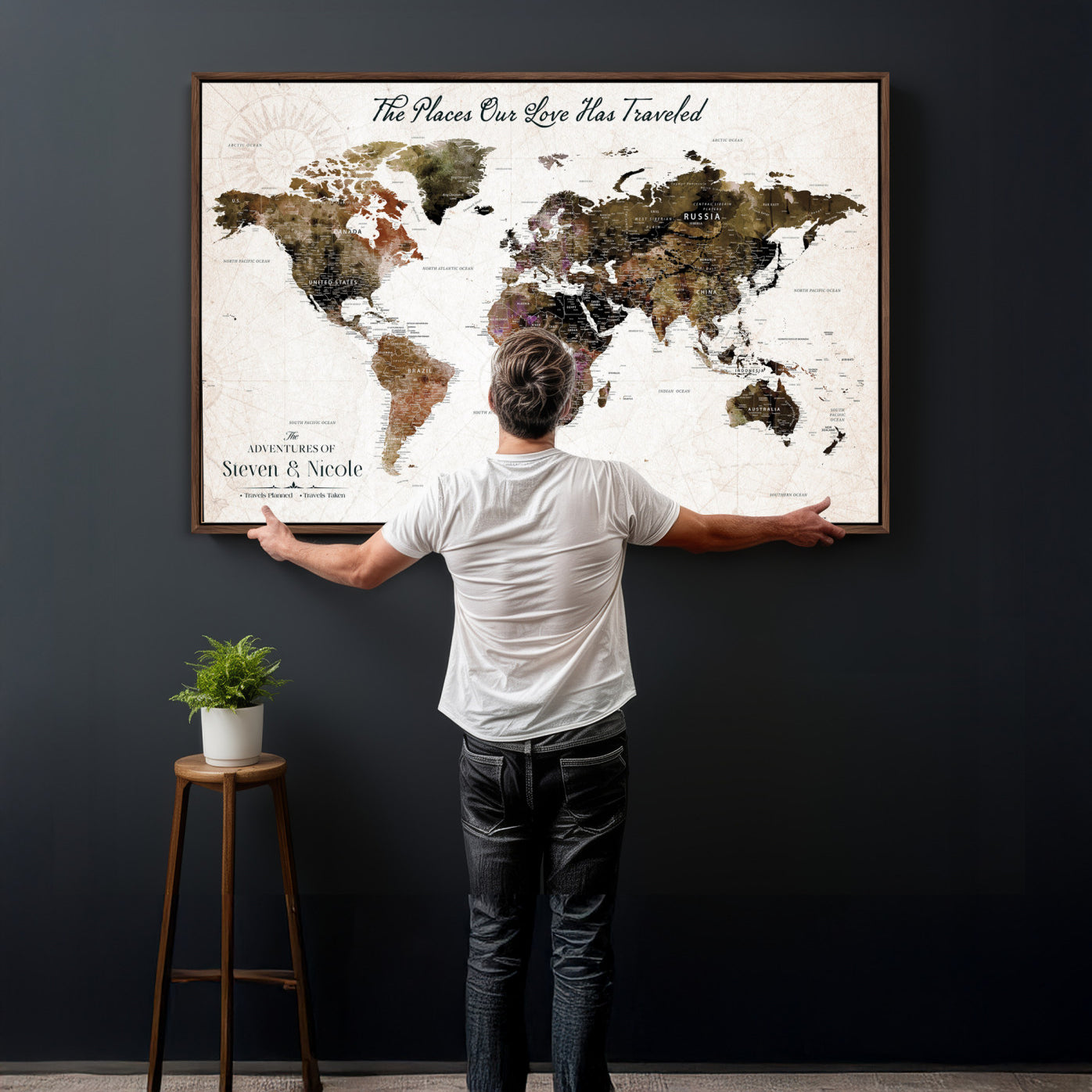 34345515-MGV-CV-36X24 - Custom Push Pin World Map Wall Art Canvas Print – Personalized Travel Tracker with Pins Framed Large for Home and Office Decor