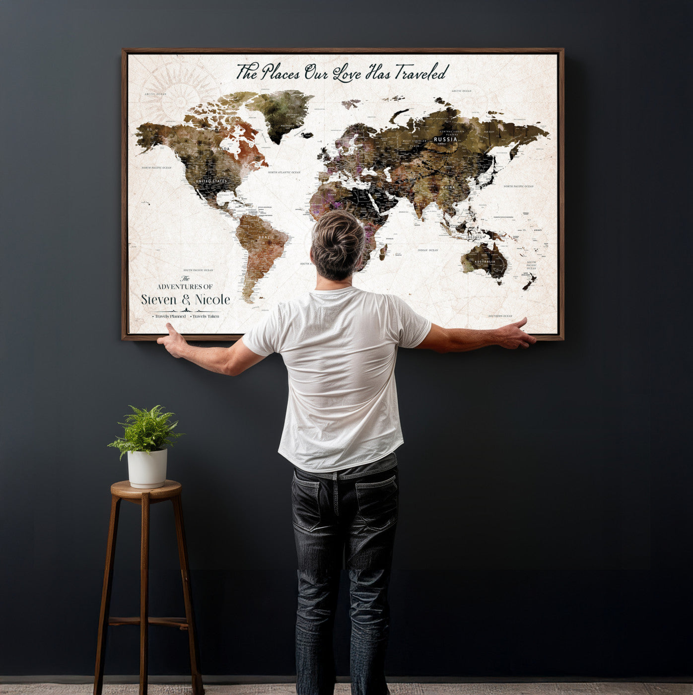 34345515-MGV-CV-36X24 - Custom Push Pin World Map Wall Art Canvas Print – Personalized Travel Tracker with Pins Framed Large for Home and Office Decor