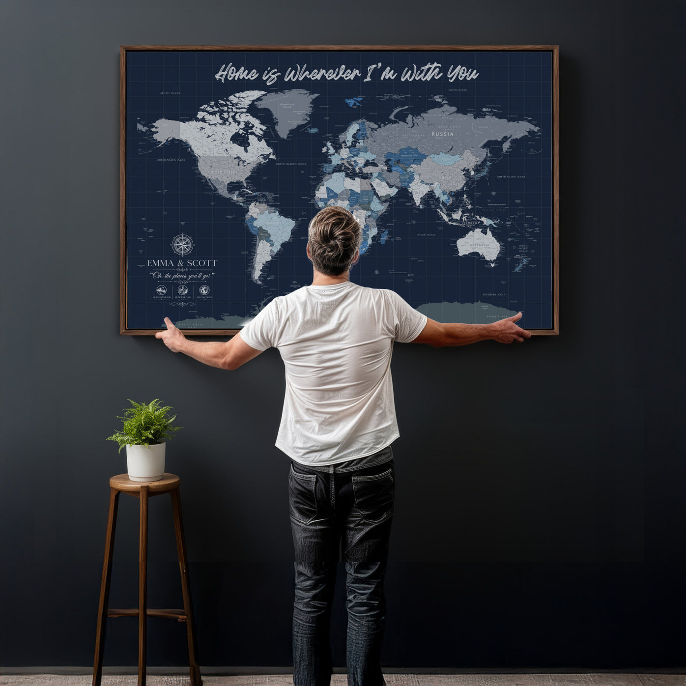 NEWMAP-18-MGV-CV-36X24 - Custom Push Pin World Map Wall Art Canvas Print – Personalized Travel Tracker with Pins Framed Large Print - NEWMAP-18