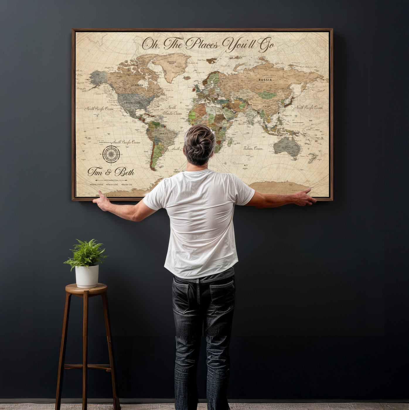 72027187-MGV-CV-36X24 - Custom Push Pin World Map Wall Art Canvas Print – Personalized Travel Tracker with Pins Framed Large for Home and Office Decor