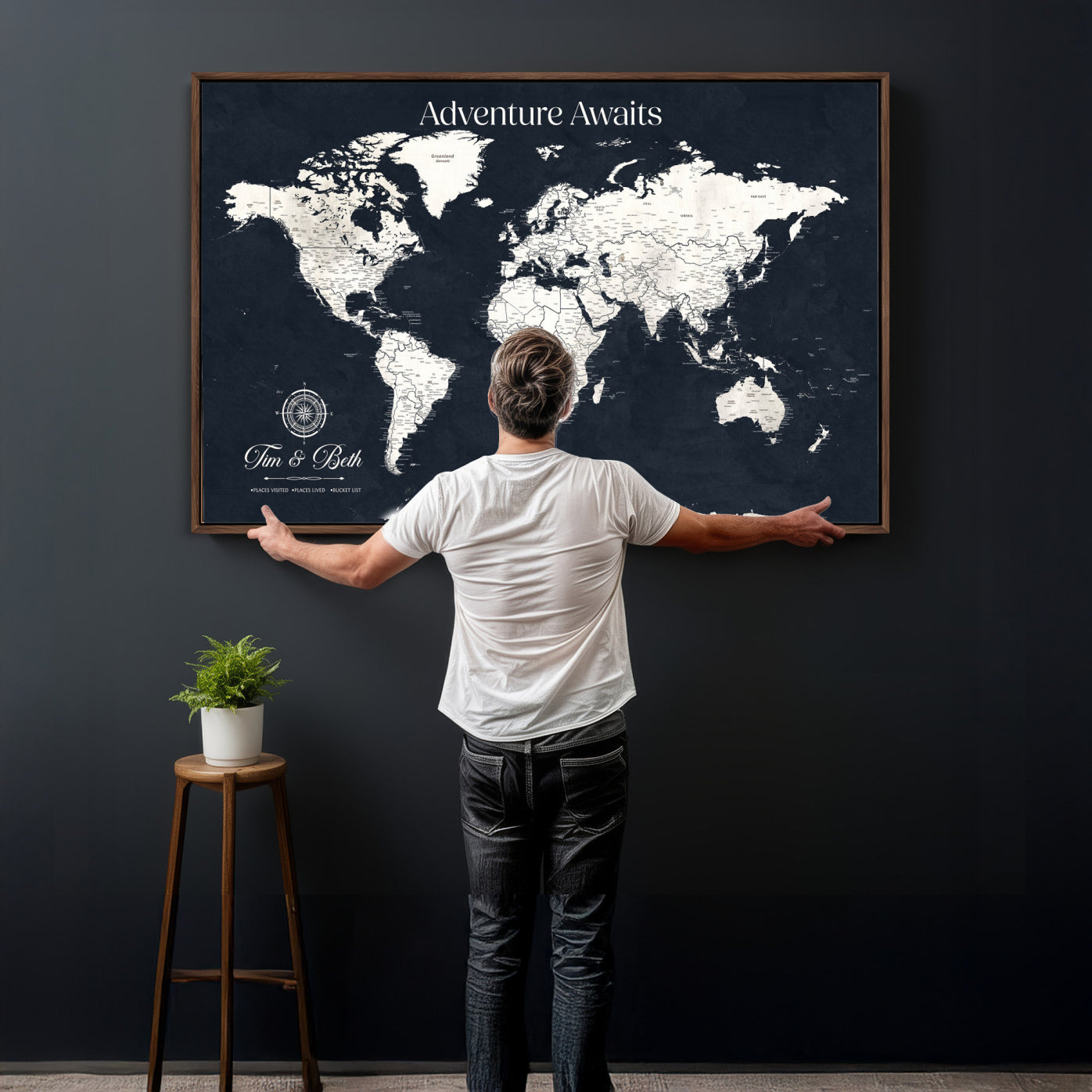 84045875-MGV-CV-36X24 - Custom Push Pin World Map Wall Art Canvas Print – Personalized Travel Tracker with Pins Framed Large for Home and Office Decor